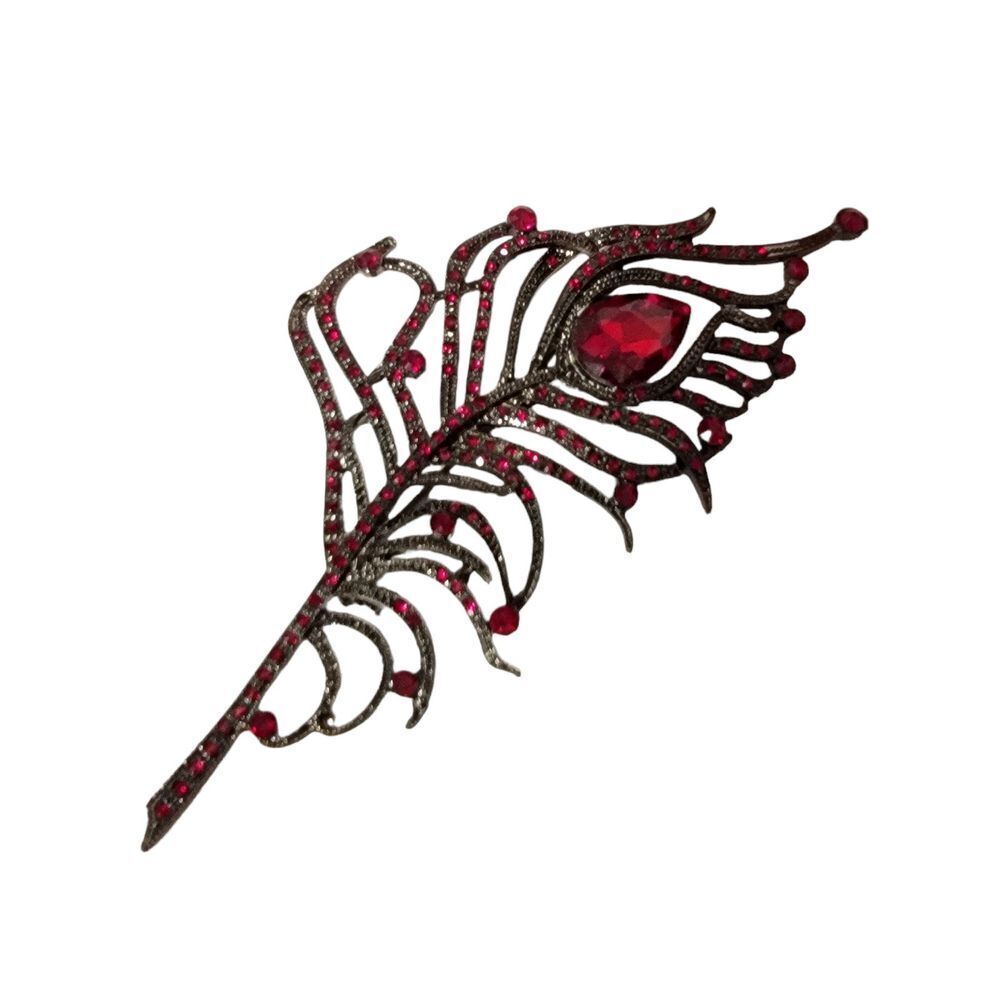 Womens Silver Red Rhinestone Peacock Feathers Shape Lightweight Brooch Pin